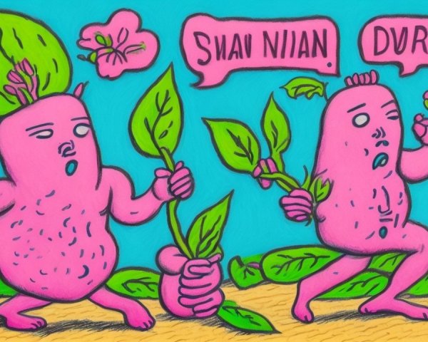 Cartoonish Pink Figures in a Whimsical Landscape