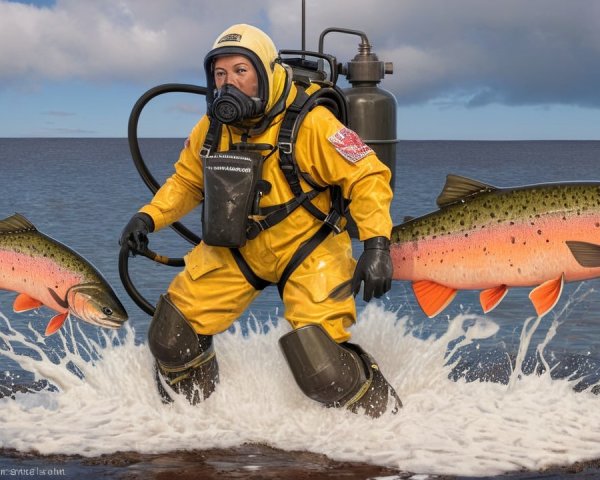 Person in yellow diving suit holds vibrant trout in water