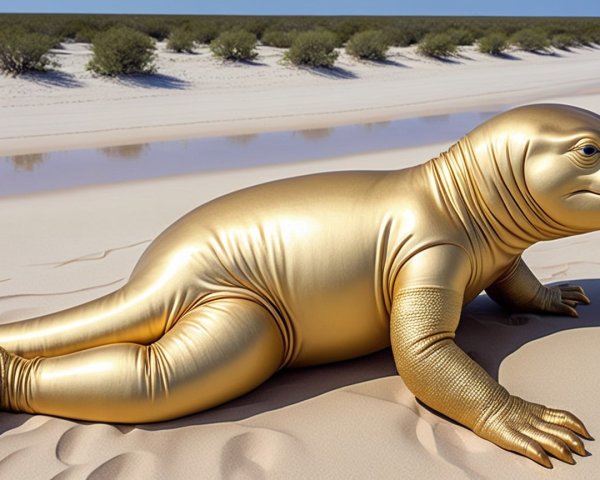 Surreal Golden Seal-Like Creature on Sandy Beach