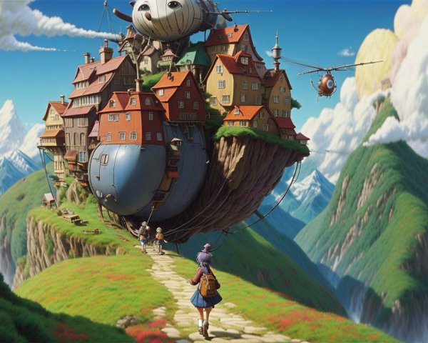 Whimsical Flying Island with Colorful Houses and Airship