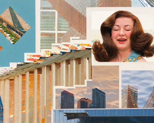 Collage of Architectural Elements and Playful Woman