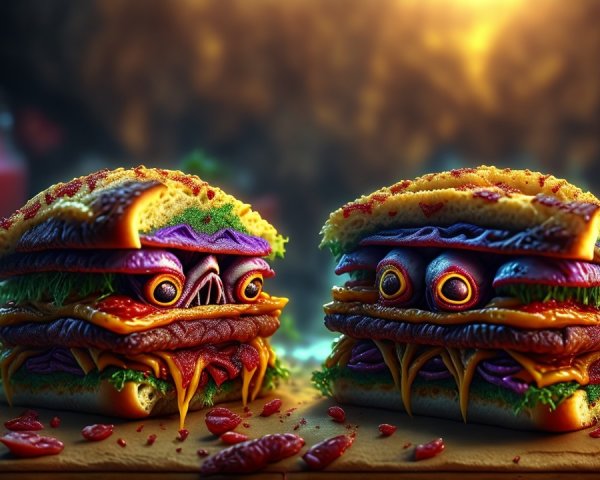 Cartoonish monster burgers with colorful ingredients