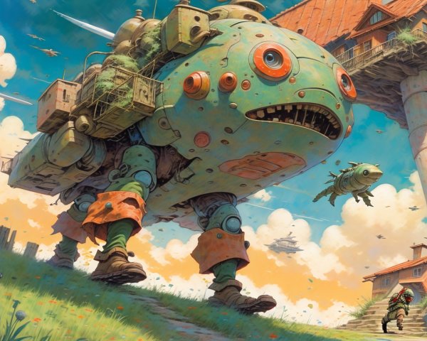 Giant Teal Robot Walking on Hill with Flying Companions