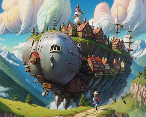 Whimsical Floating Island with Steampunk Homes and Clouds