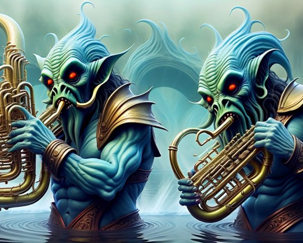 Aquatic Creatures Playing Brass Instruments Underwater