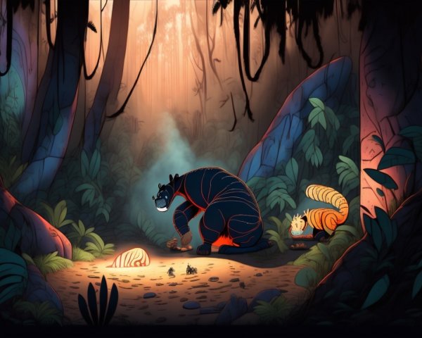 Vibrant Jungle Scene with Bear and Playful Cat