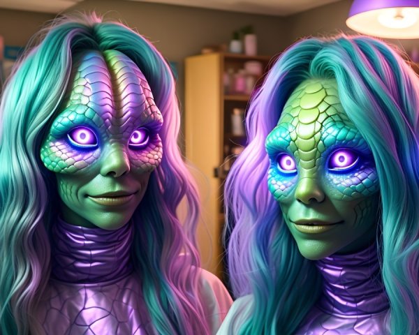 Humanoid Figures with Scaly Skin in Casual Workspace
