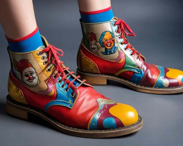 Colorful clown-themed boots with playful designs