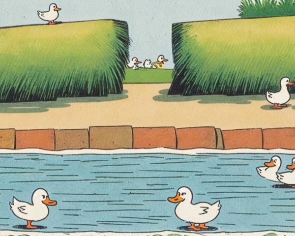 Cartoon Ducks in a Calm Pond Landscape