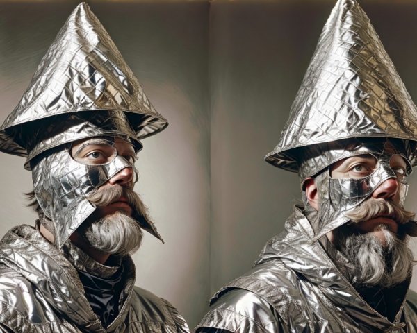 Man in Futuristic Silver Outfit with Conical Hat