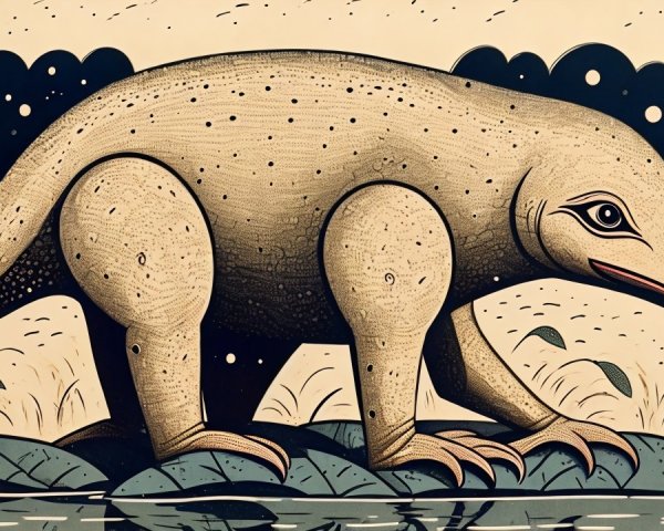Stylized Prehistoric Creature by a Vibrant Riverbank