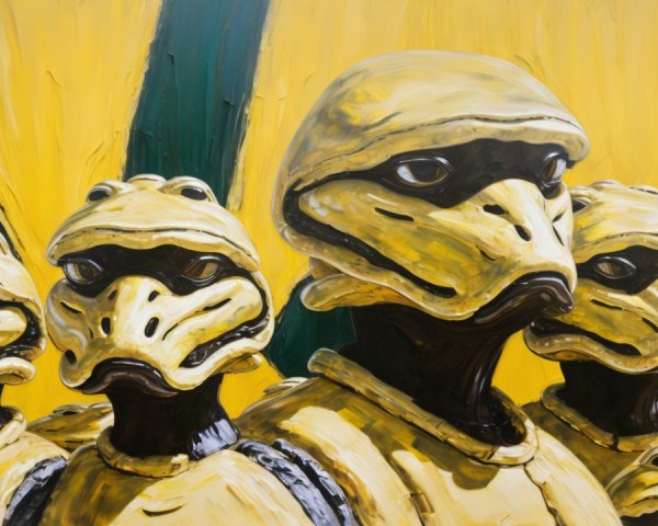 Anthropomorphic soldiers in yellow armor with bird features