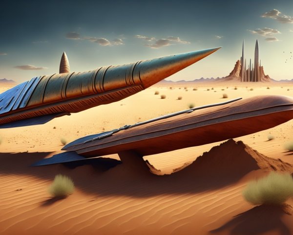 Futuristic spacecraft in a desert landscape with rocks