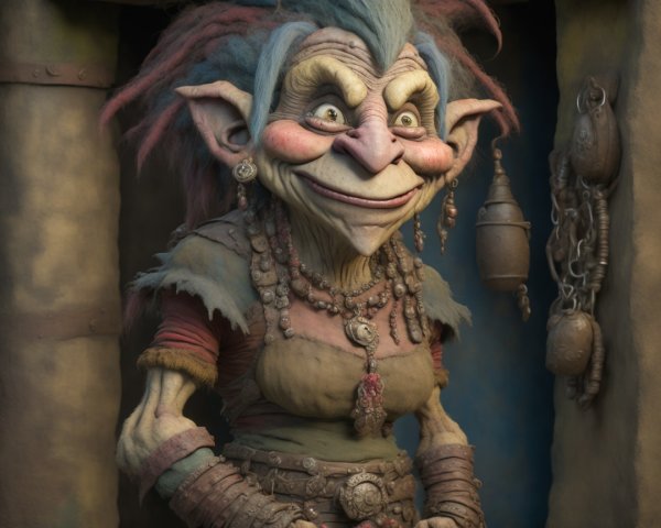 Close-Up of a Colorful Goblin-Like Creature