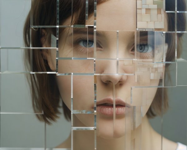 Close-up of a woman with textured glass reflection