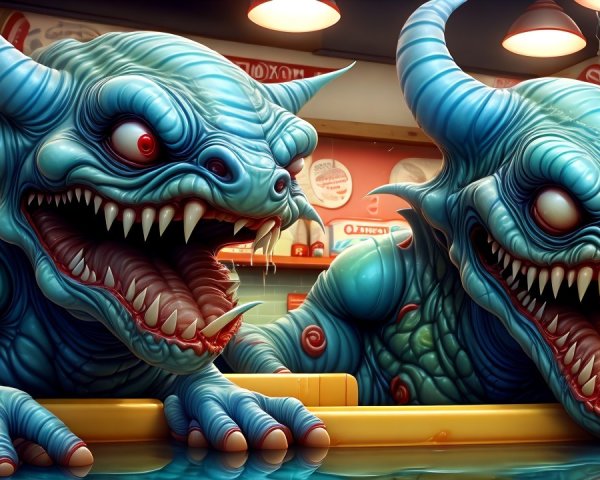 Fantastical Blue Creature Heads in Retro Diner Scene