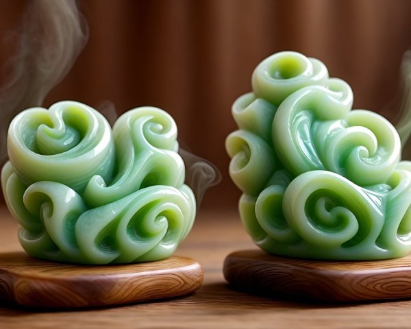Intricately Carved Green Candle Sculptures on Bases