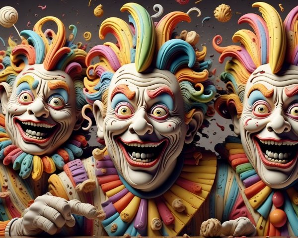 Vibrant Clown Faces with Colorful Wigs and Makeup