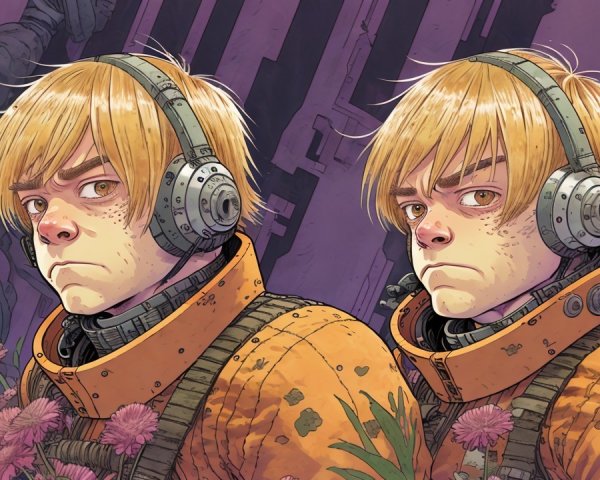 Identical Boys in Futuristic Headphones and Space Suits
