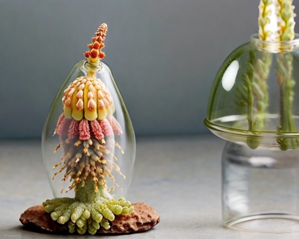Glass Sculpture of Stylized Plant with Colorful Details