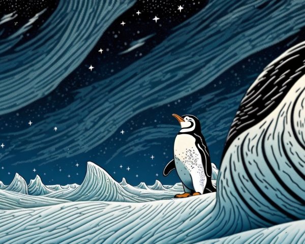 Whimsical Penguin Illustration with Surreal Waves