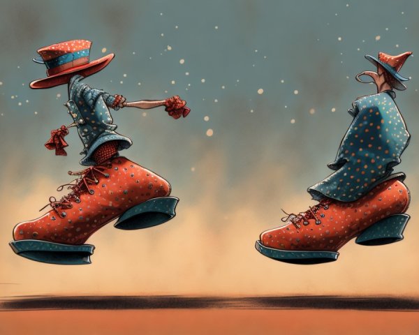 Whimsical Figures in Oversized Red Clown Shoes
