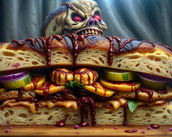 Oversized Sandwich with Vibrant Ingredients and Skull