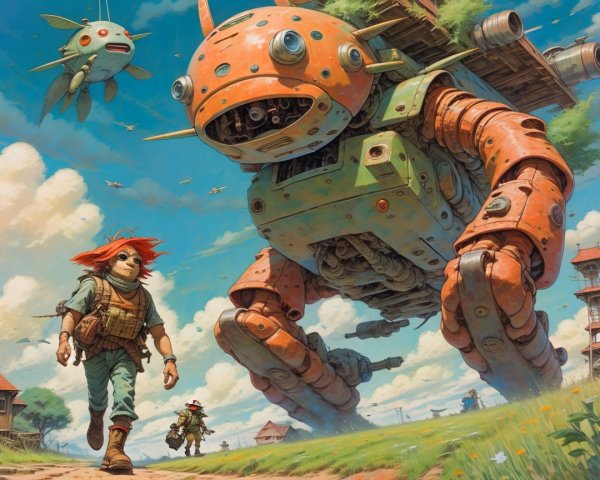 Retrofuturistic Scene with Robot and Runner Illustration