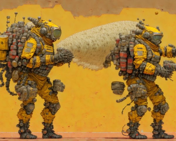 Futuristic Yellow-Clad Figures with Mechanical Gear