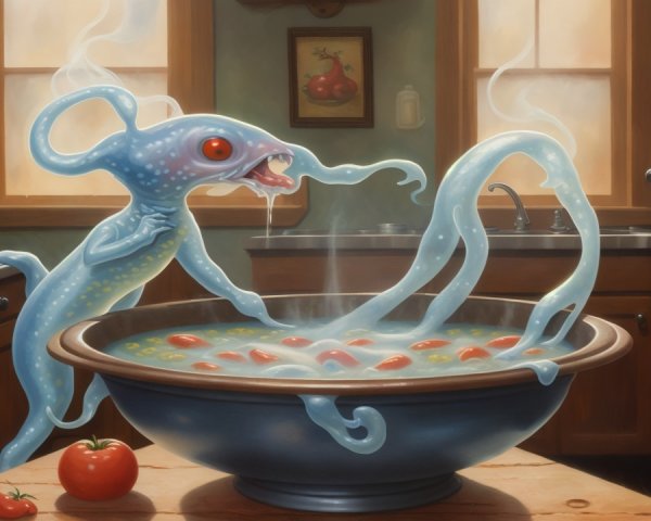 Whimsical Kitchen Scene with Blue Creature Stirring Soup
