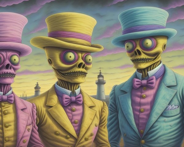 Whimsical Skeletons in Colorful Suits and Top Hats