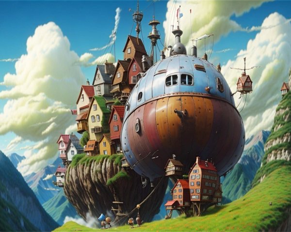 Whimsical Floating Village on a Lush Green Hill