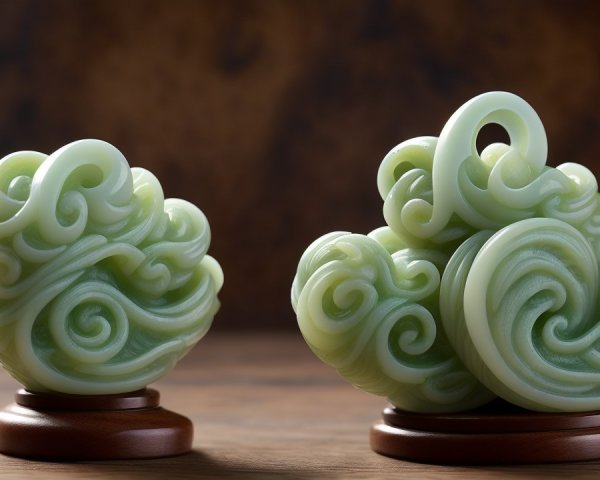 Intricately Carved Jade Sculptures with Wooden Bases