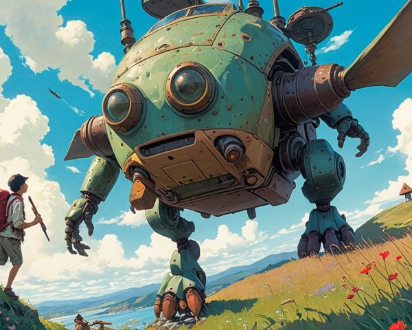 A boy gazing at a giant rusted green robot on a hill