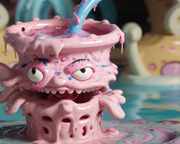 Cartoonish monster mug with pink liquid and straw