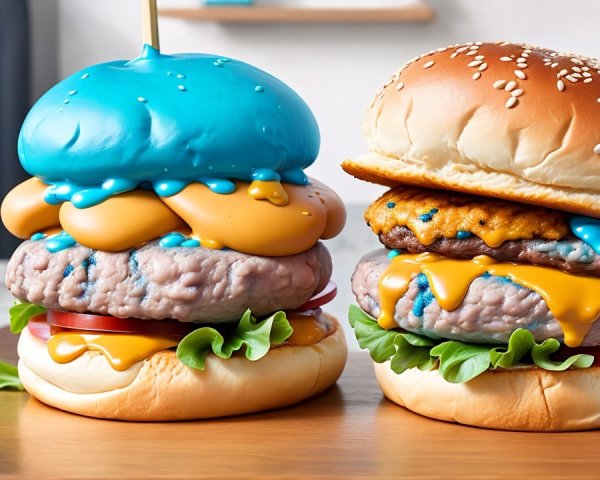 Whimsical Burgers on a Wooden Board with Colorful Toppings