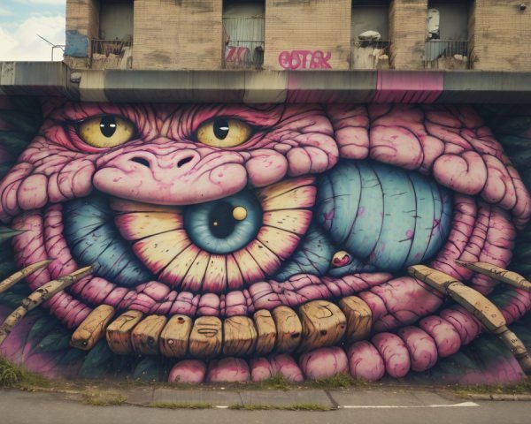 Surreal Mural of Monstrous Face on Brick Wall