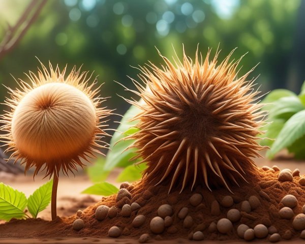 Unique Seed Pods on Brown Soil with Green Foliage