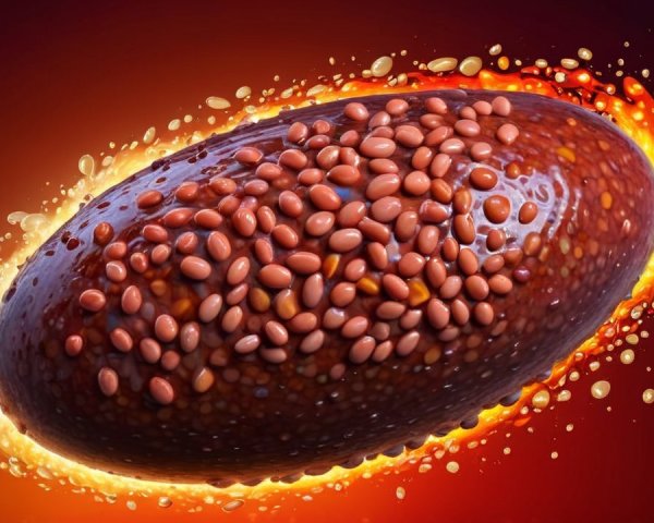 Glossy Oval Shape with Brown Seeds and Orange Aura
