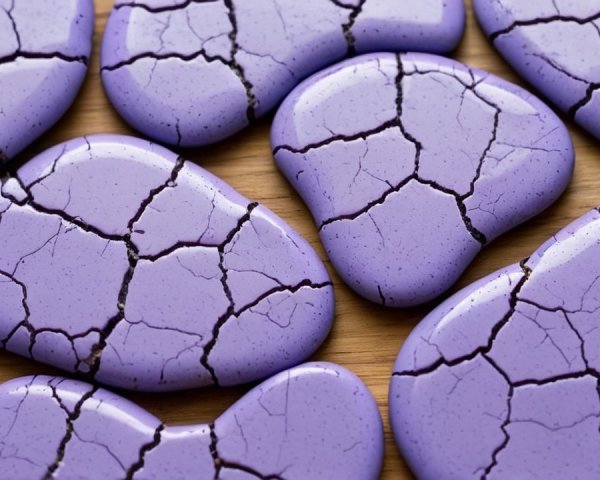 Glossy Purple Stones with Unique Shapes on Wood