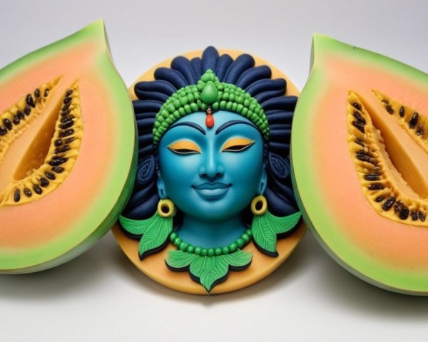 Vibrant Art of Deity's Face with Colorful Papayas