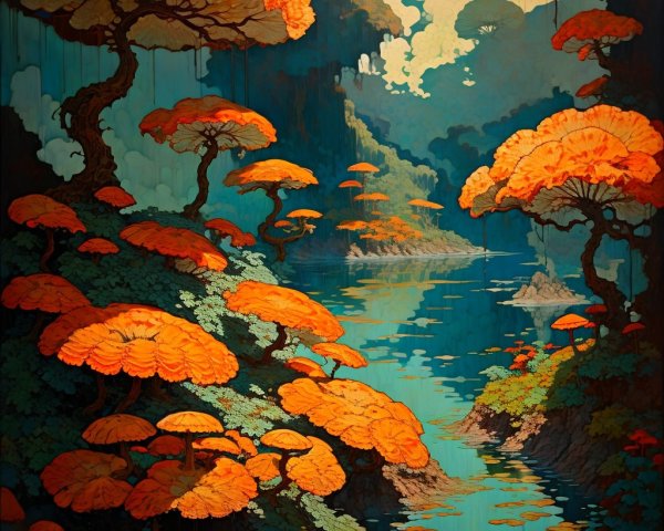 Vibrant Otherworldly Landscape with Orange Flora
