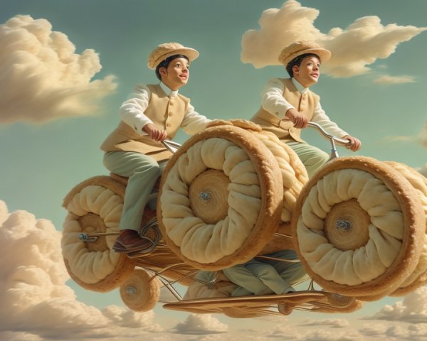 Boys Riding Oversized Bicycle in Dreamlike Sky
