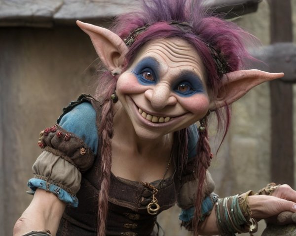 Whimsical Troll-Like Creature with Purple Hair and Eerie Grin