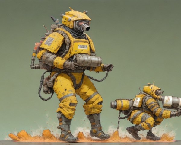 Cartoonish robots in bright yellow suits on green background