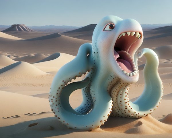 Cartoonish octopus in vibrant desert landscape