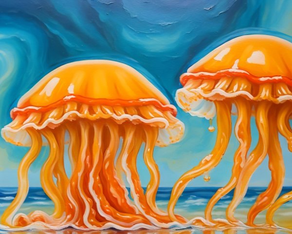 Vibrant Orange Jellyfish in Blue Ocean Setting