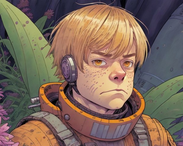 Young Boy in Futuristic Collar Surrounded by Nature