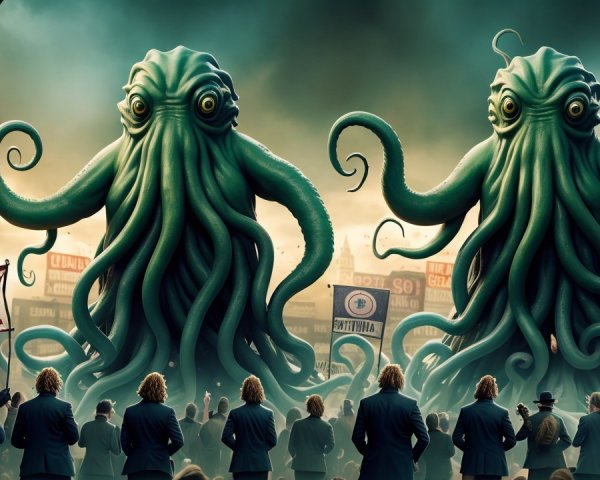 Colossal Tentacled Creatures Overwhelm Dark-Suited Crowd