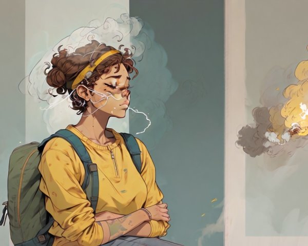 Young woman in yellow sweatshirt with contemplative mood